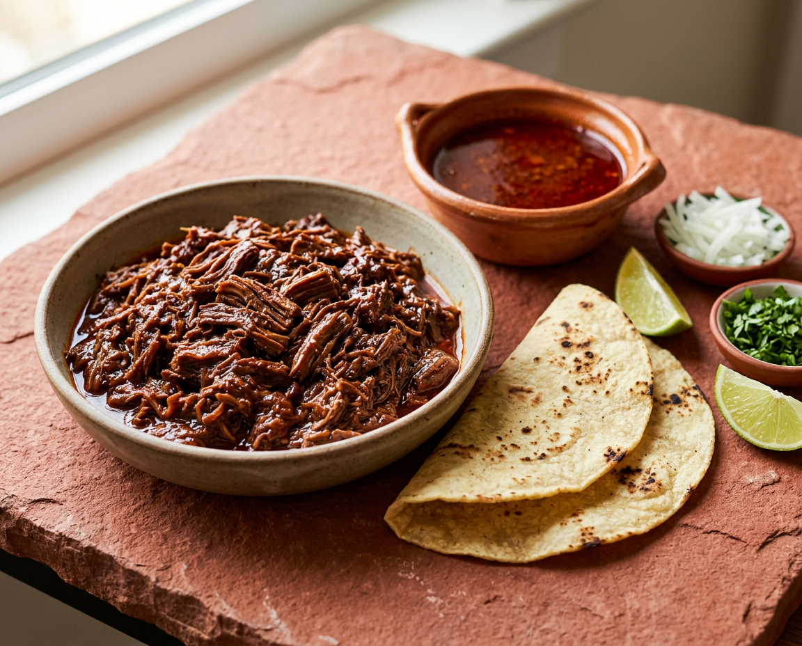 Tarjoiltu birria: tumma haudutettu naudanliha keraupeina, dippiliemi, maissitortilloja, sipulia, korianteria ja limeä