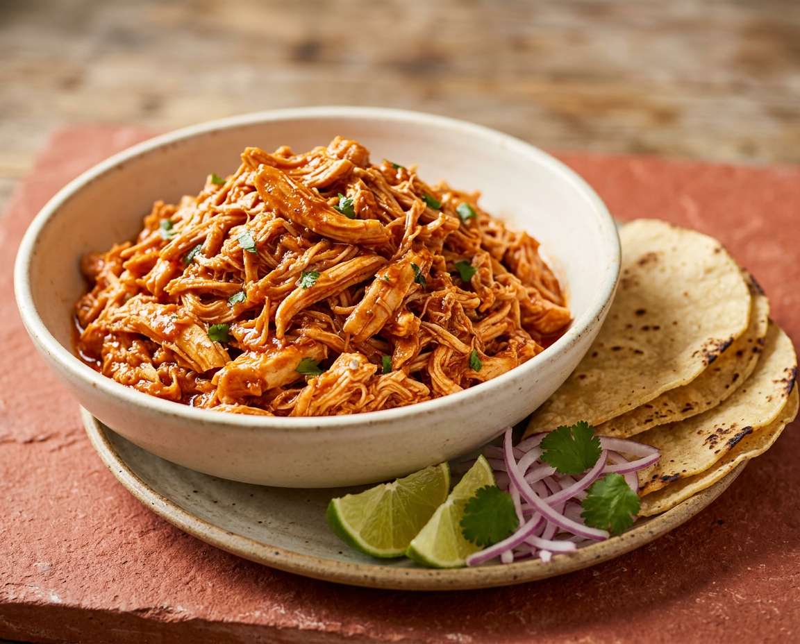 Tarjoiltu chicken tinga: chipotlekana keraupeina kastikkeessa, maissitortilloja, punasipulia, korianteria ja limeä