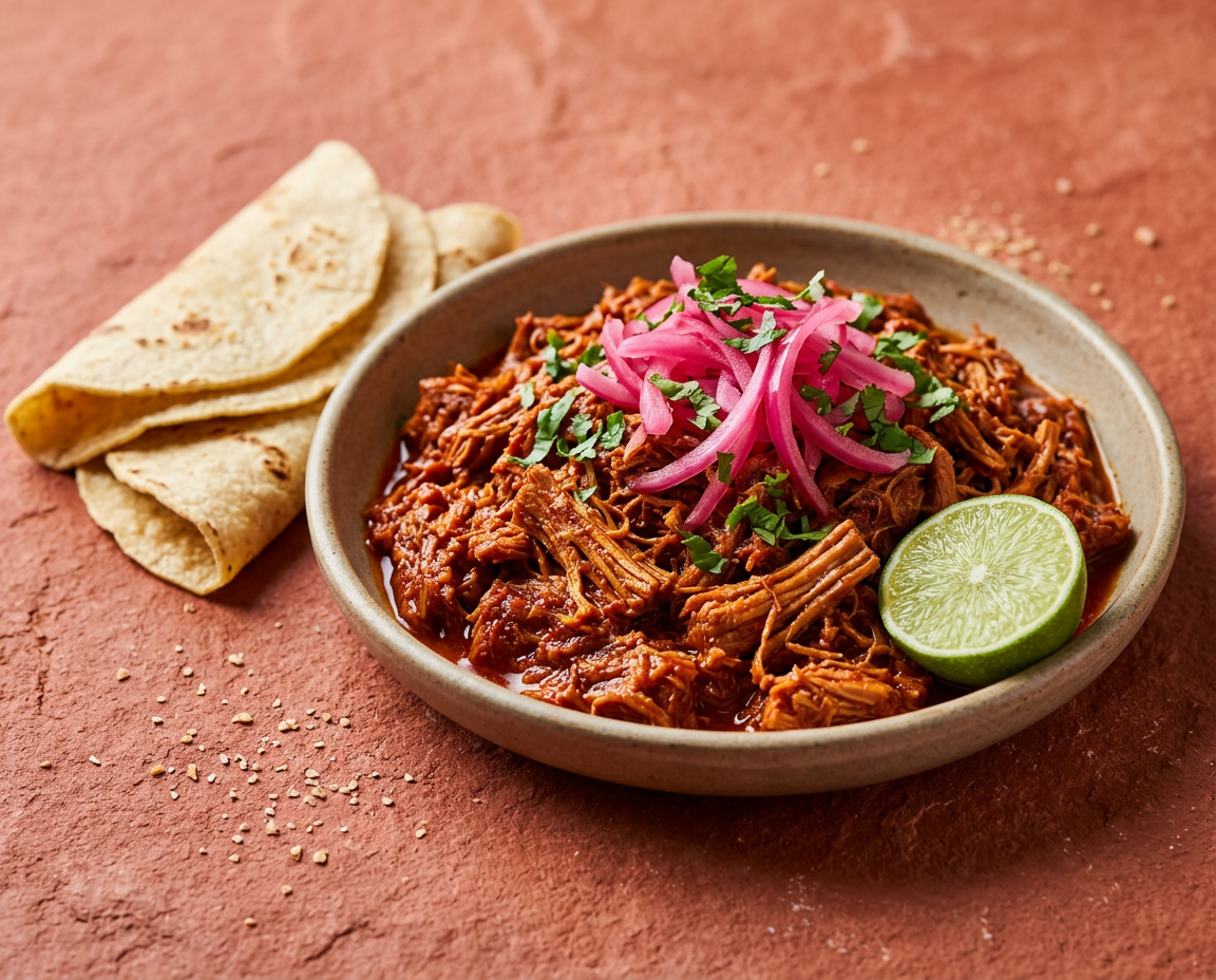 Tarjoiltu cochinita pibil: punaista achiotepossua pikkelöidyn punasipulin, korianterin, limeen ja maissitortillojen kanssa