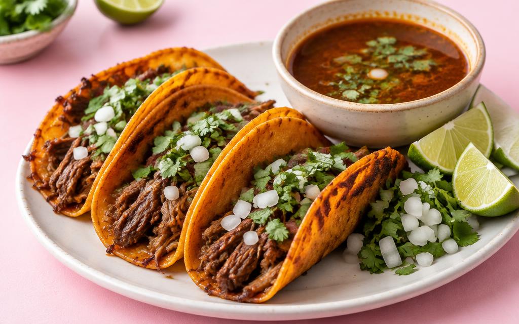 Birria-tacoja, limeä ja kulhollinen dippilientä