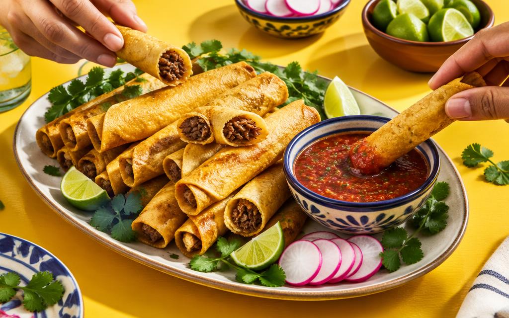 Jaettavia rapeita taquitoja ja punaista salsaa
