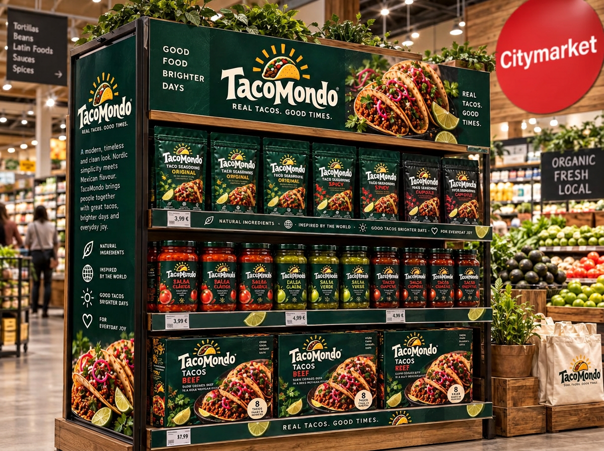 Konseptikuva TacoMondo-tuotteiden hyllyesillepanosta Citymarketissa