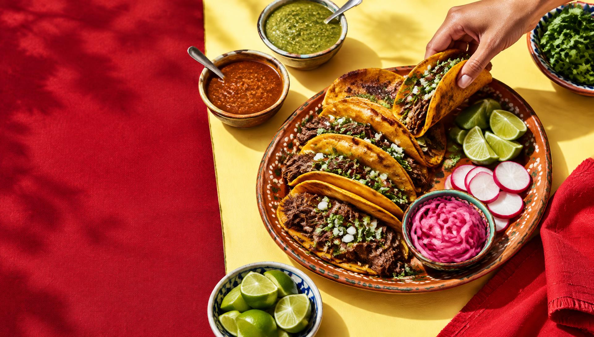 Birria-tacoja, limeä, korianteria ja meksikolaisia salsoja